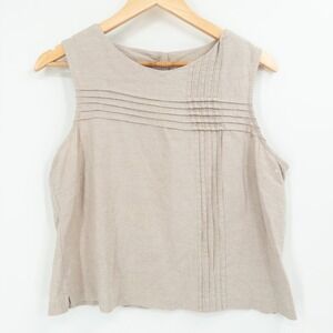 Vintage 90s Linen Pleated Tank Top Womens 14 Beige Neutral Coastal Grandma Tan